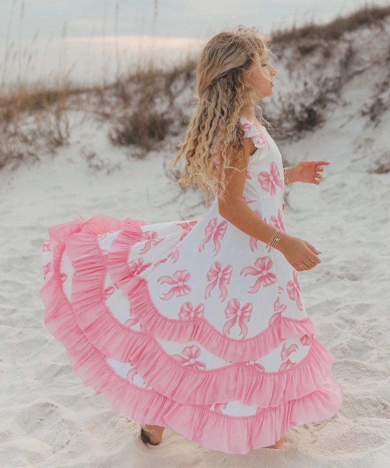 Girls Bella Pink Bow Flutter Sleeve Ruffles Spring Dress