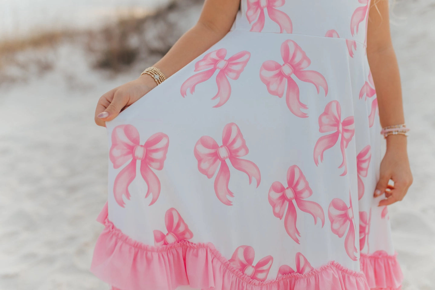 Girls Bella Pink Bow Flutter Sleeve Ruffles Spring Dress