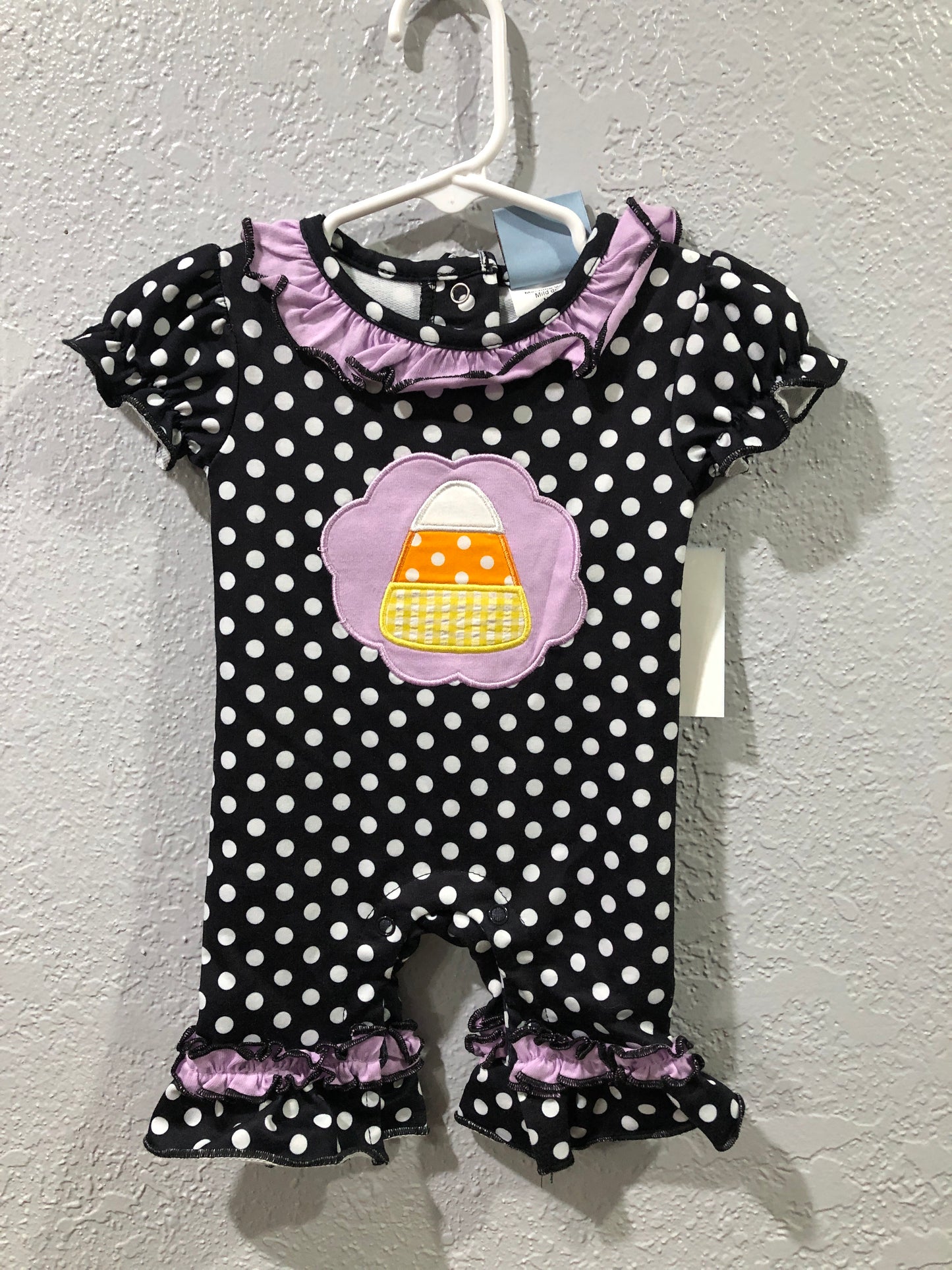 Girls Candy Corn Polka Dot Romper by Three Sisters