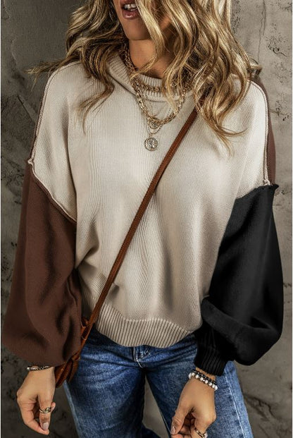 Ladies Coffee Colorblock Bishop Sleeve Ribbed Trim Sweater