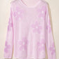 Ladies Light Pink Big Flower Hollowed Knit Drop Shoulder Sweater