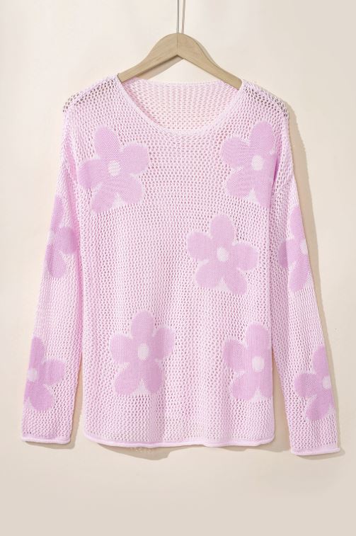 Ladies Light Pink Big Flower Hollowed Knit Drop Shoulder Sweater