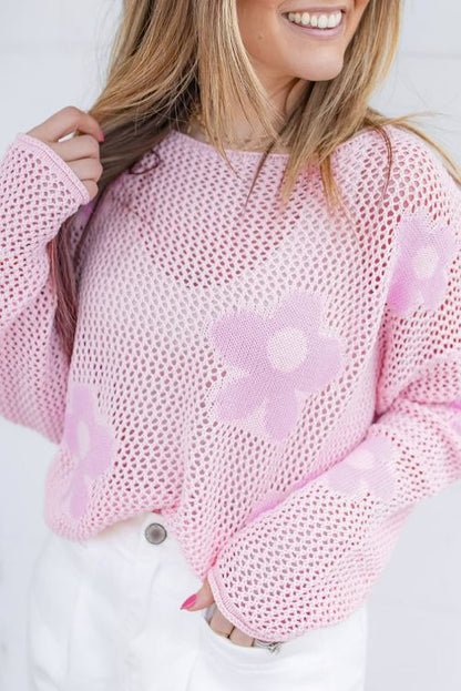 Ladies Light Pink Big Flower Hollowed Knit Drop Shoulder Sweater