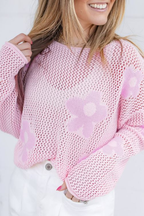 Ladies Light Pink Big Flower Hollowed Knit Drop Shoulder Sweater