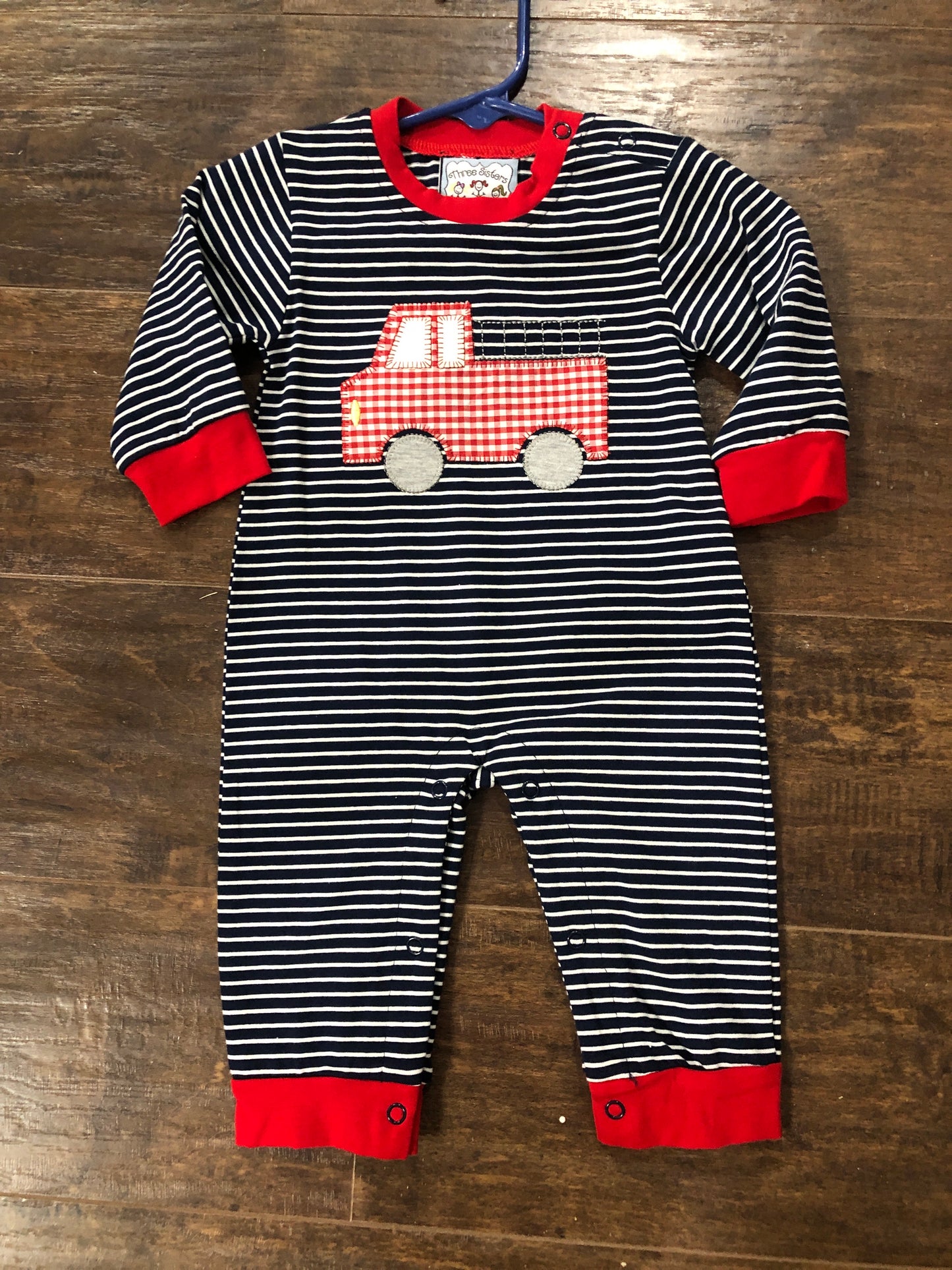 Boys Red Truck on Black Stripe Romper by Three Sisters