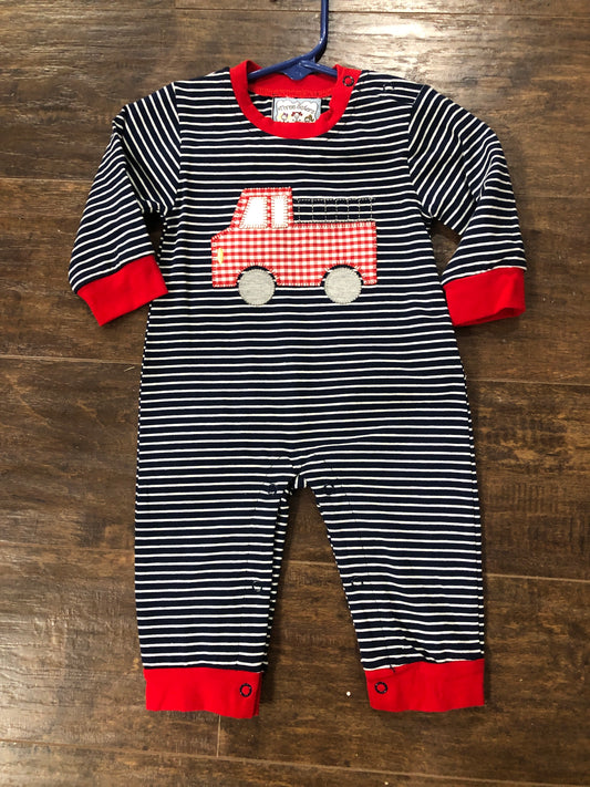 Boys Red Truck on Black Stripe Romper by Three Sisters