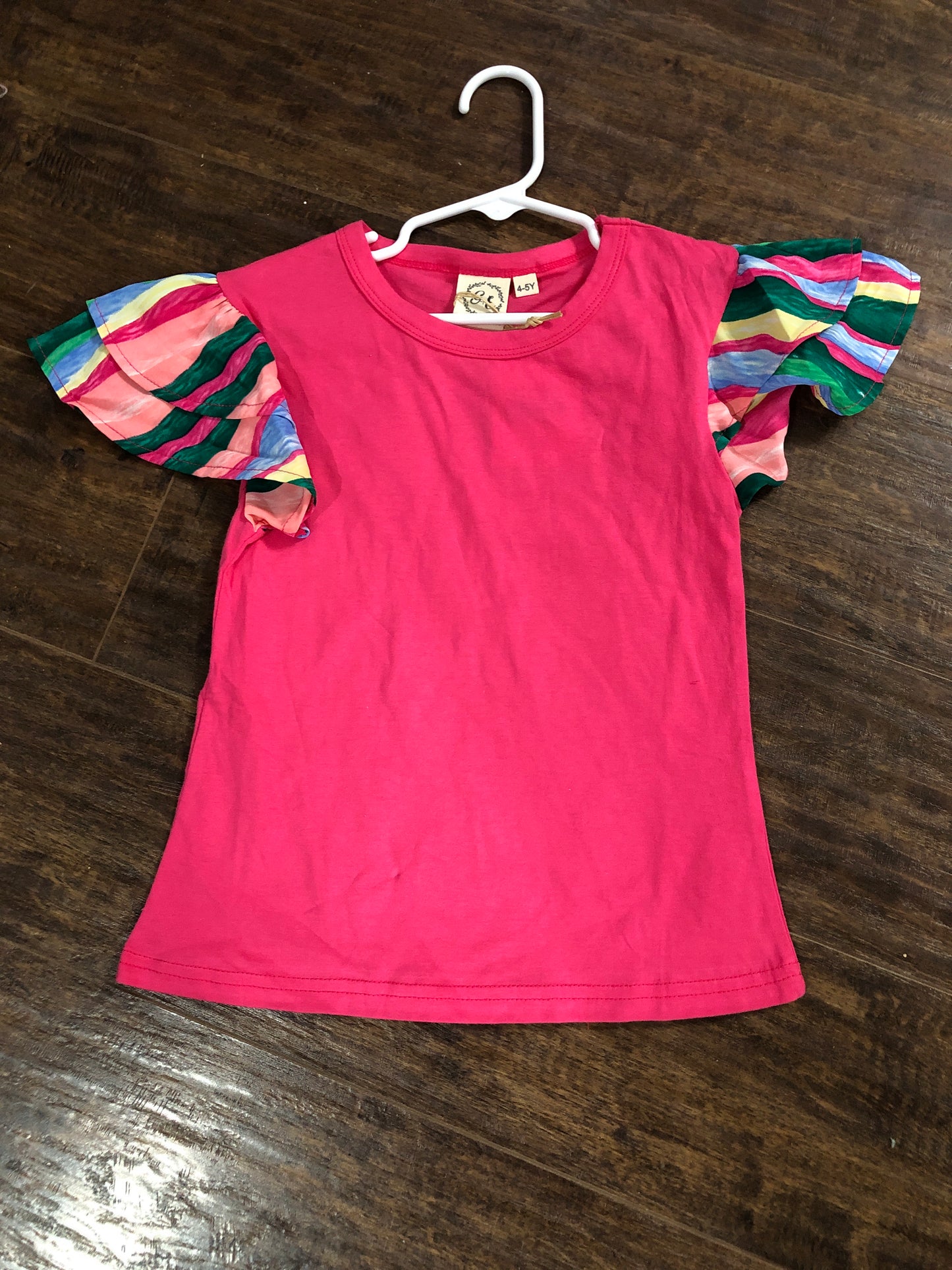Girls Hot Pink Top with Striped Ruffled Sleeves by Grace & Emma