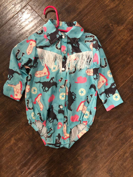 Girls Turquoise Running Horse Pearl Snap Onesie by Shea Baby