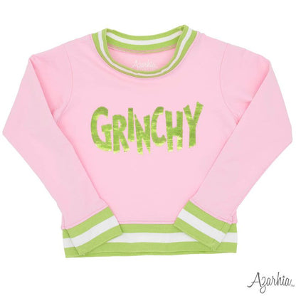 Girls Grinchy in Sequin on Pink Crew Sweatshirt by Azarhia