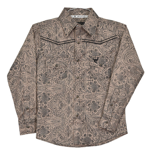 Boys Tan Tooled Floral L/S Print Shirt by Cowboy Hardware
