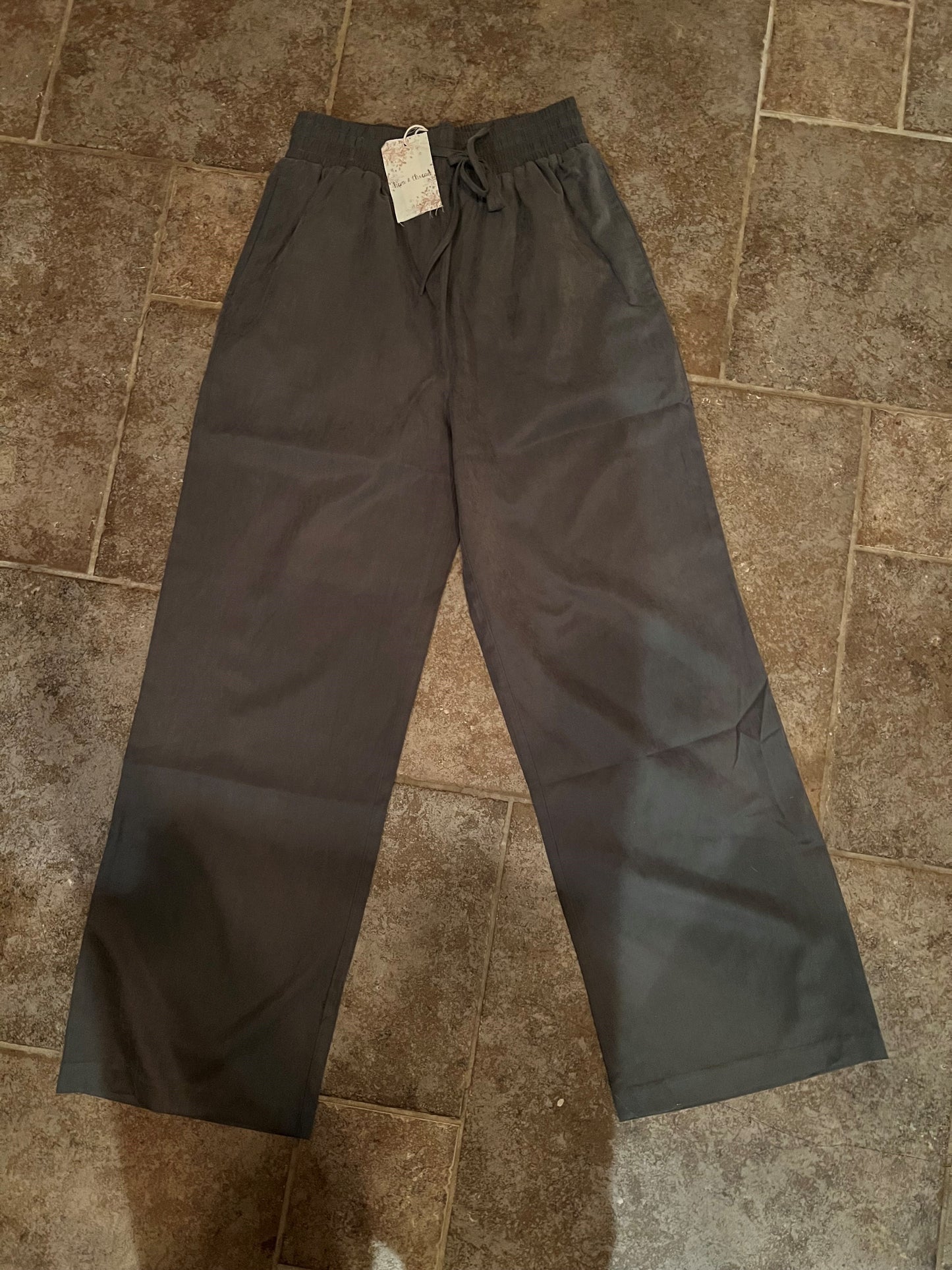 Ladies Hem & Thread Elastic Waist Drawstring Detail Side Pocket Wide Leg Pants