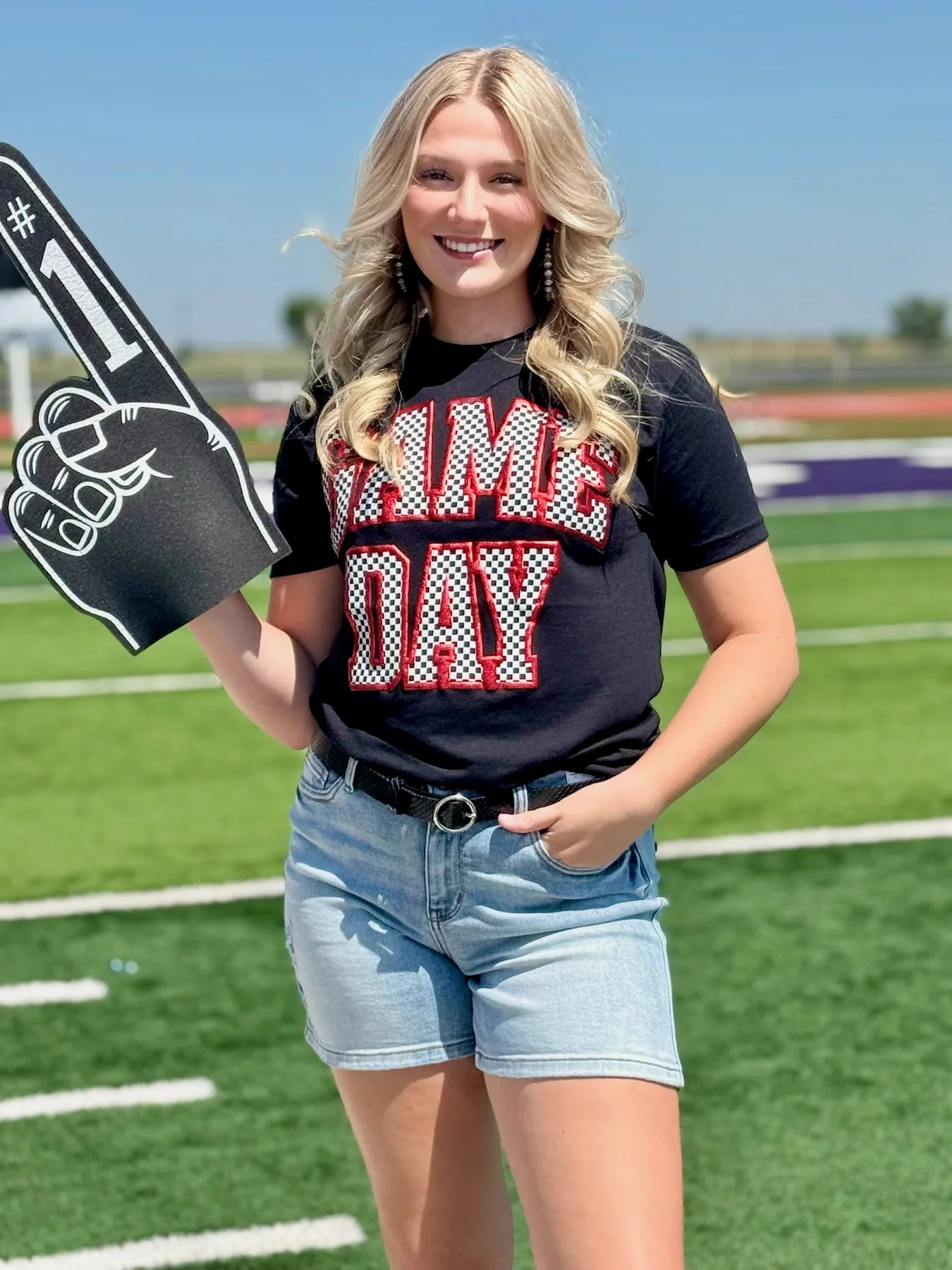 Ladies Checkered Game Day TShirt with Metallic Puff - Black