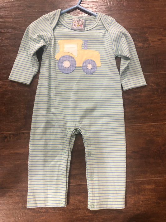 Boys Tractor on Green/Blue Stripe Romper by Three Sisters