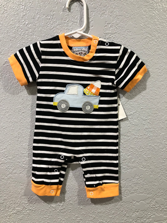 Boys Truck w/Candy Corn Stripe Romper by Three Sisters