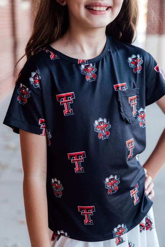 Girls Texas Tech Black Raider Red Ruffle Pocket Tee by Mila and Rose