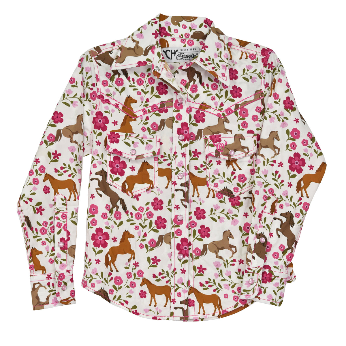 Girls White Horse Flowers L/S Print Shirt by Cowboy Hardware