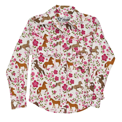 Girls White Horse Flowers L/S Print Shirt by Cowboy Hardware