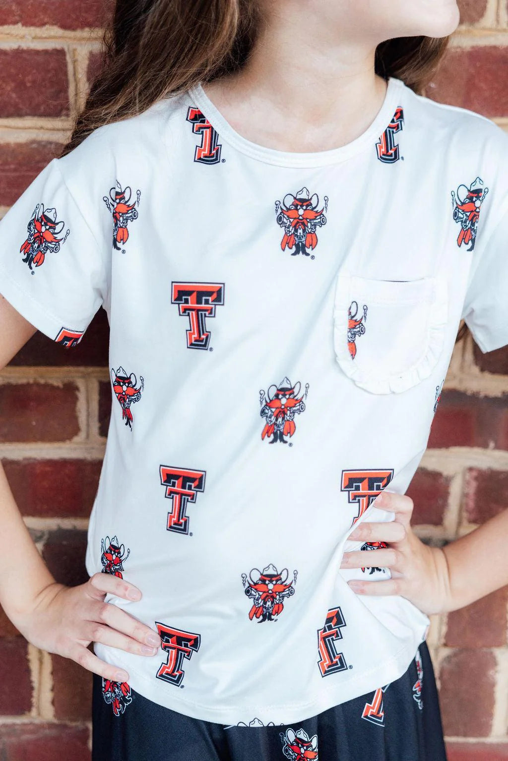 Girls Texas Tech White Raider Red Ruffle Pocket Tee by Mila and Rose