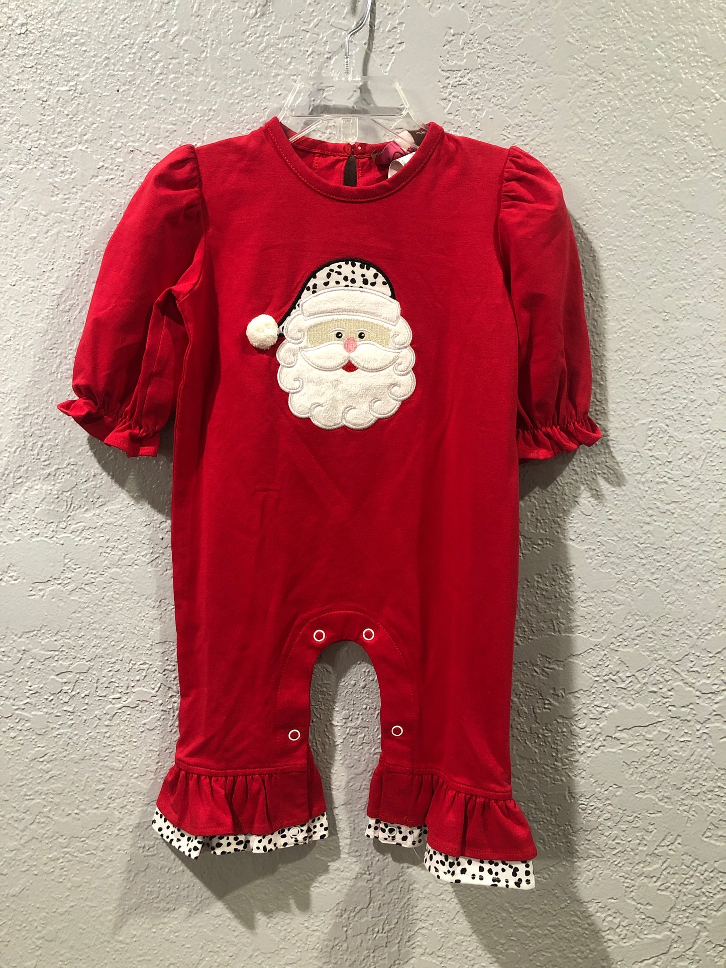 Girls Santa Face Romper with Confetti Dot Ruffles by Millie Jay