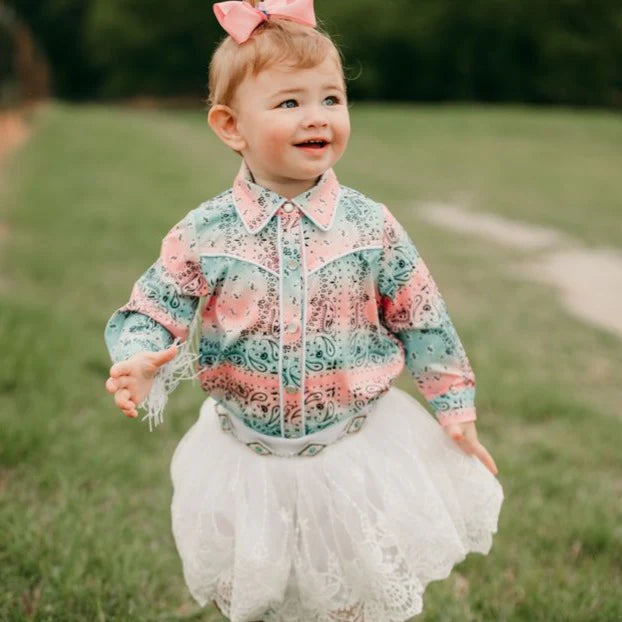 Girls Pastel Paisley Fringe Pearl Snap Onesie or Shirt by Shea Baby