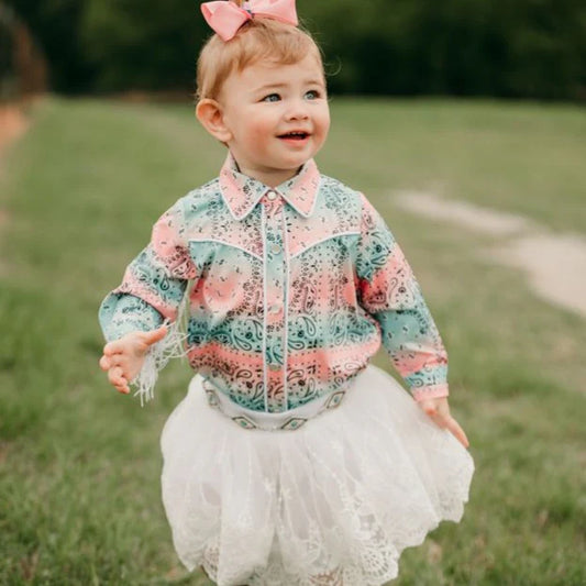 Girls Pastel Paisley Fringe Pearl Snap Onesie or Shirt by Shea Baby