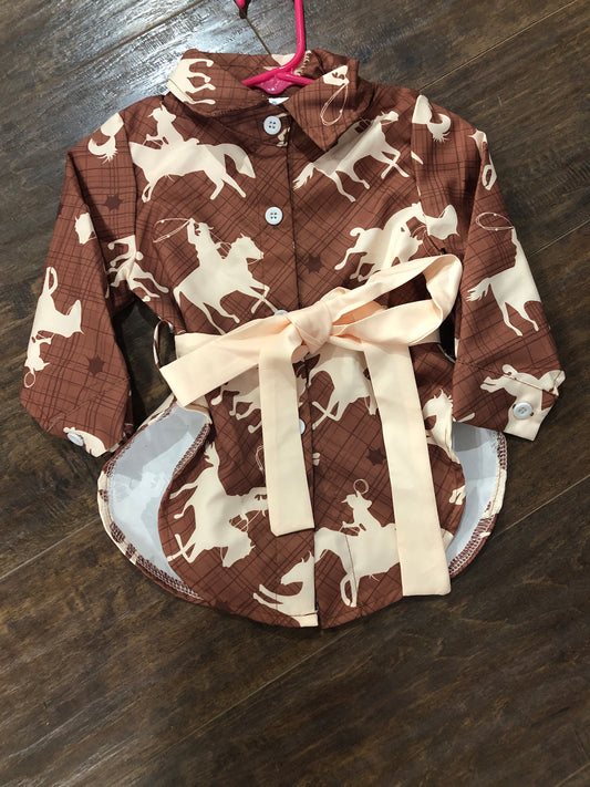 Girls Brown Running Horse Button-Up Dress by Shea Baby