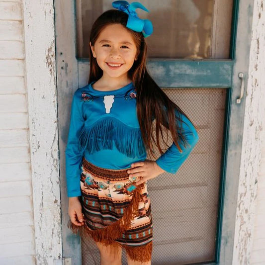 Girls Blue Steer Head Fringe Tee by Shea Baby