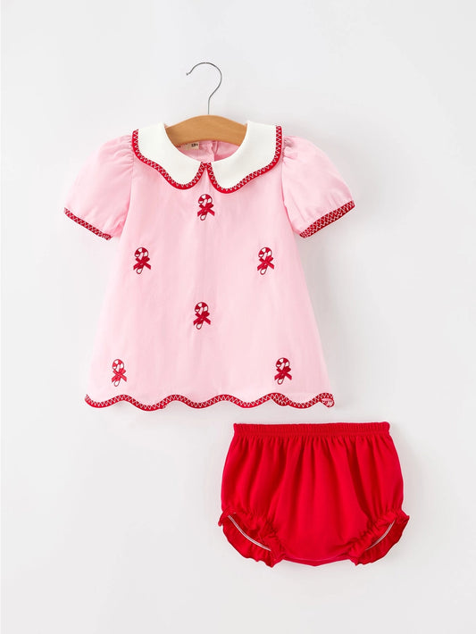 Girls Christmas Candy Cane Embroidered Top & Red Bloomer by Riley Faith