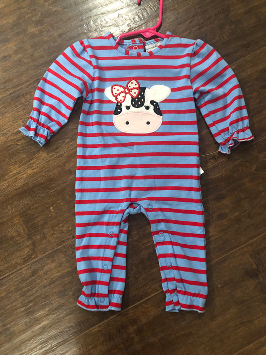 Girls Cow on Blue/Red Stripe Romper by Three Sisters
