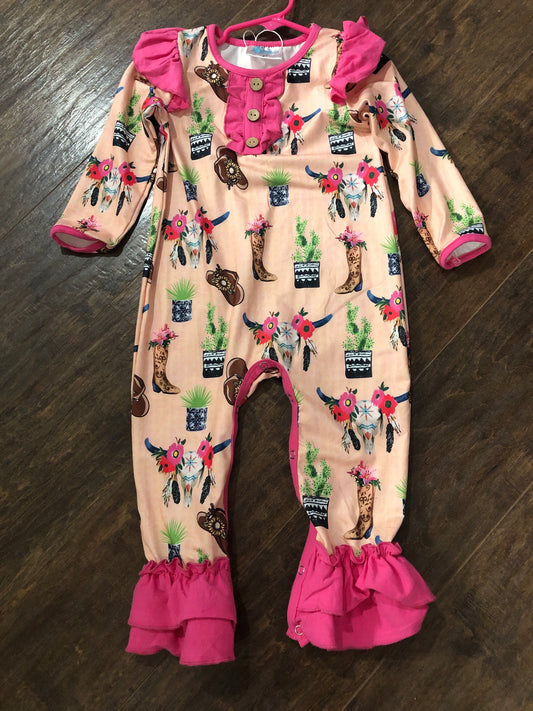Girls Steer Head Floral Ruffle Long Sleeve Romper by Shea Baby