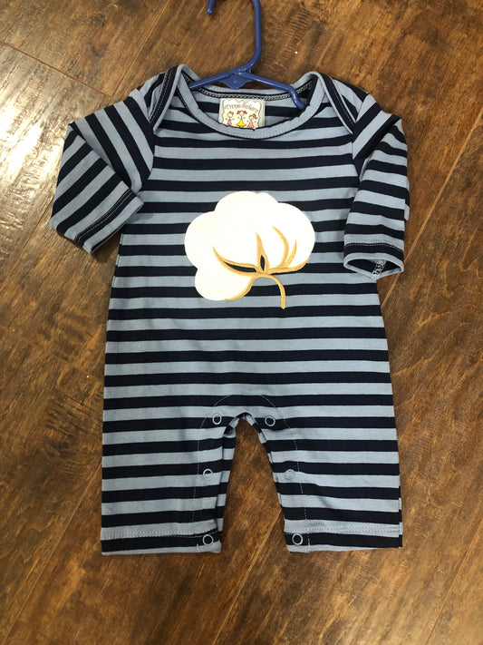 Boys Cotton Boll on Blue/Navy Stripe Romper by Three Sisters