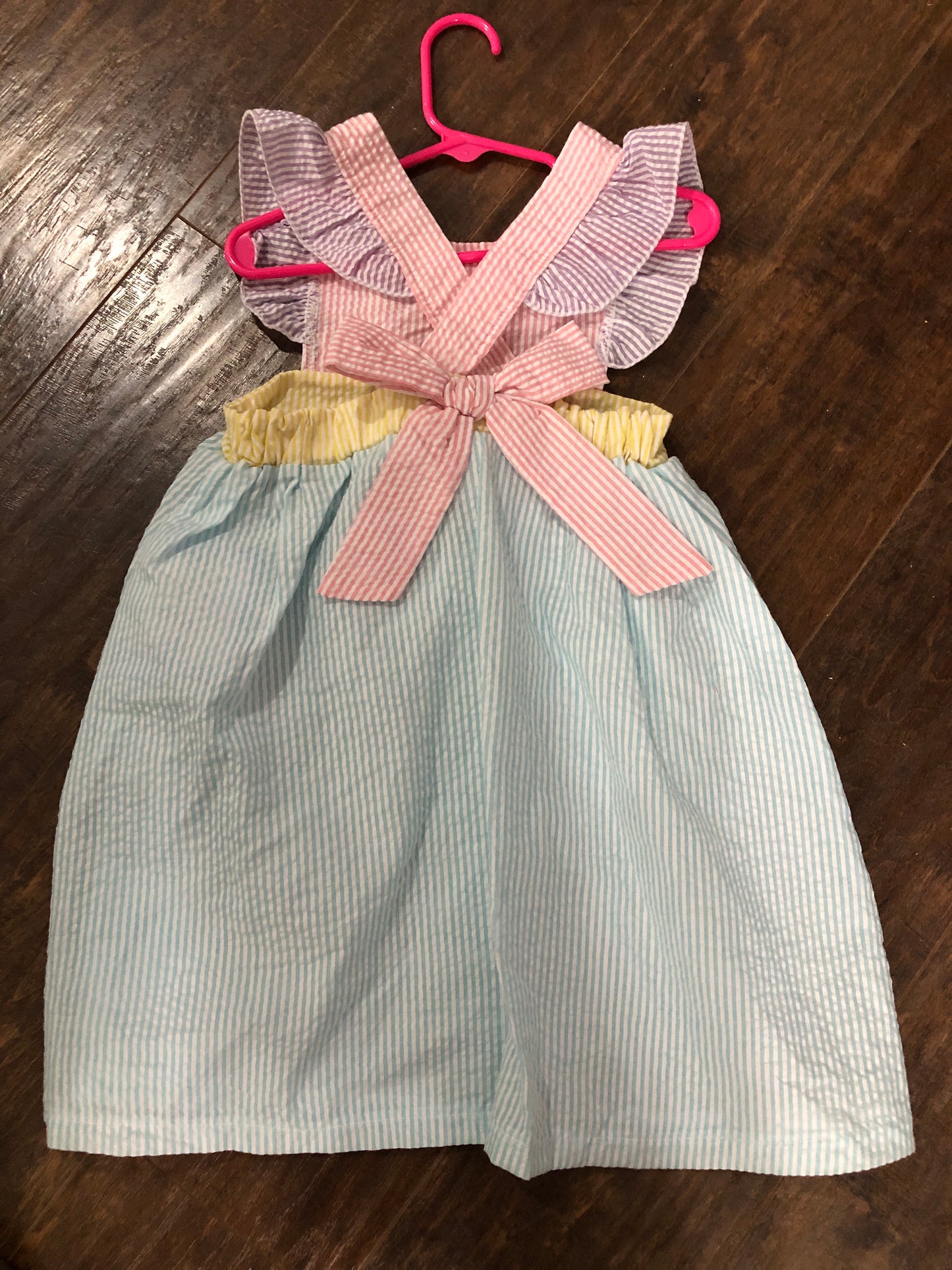 Girls Pink, Yellow, Aqua Seersucker Dress by Three Sisters