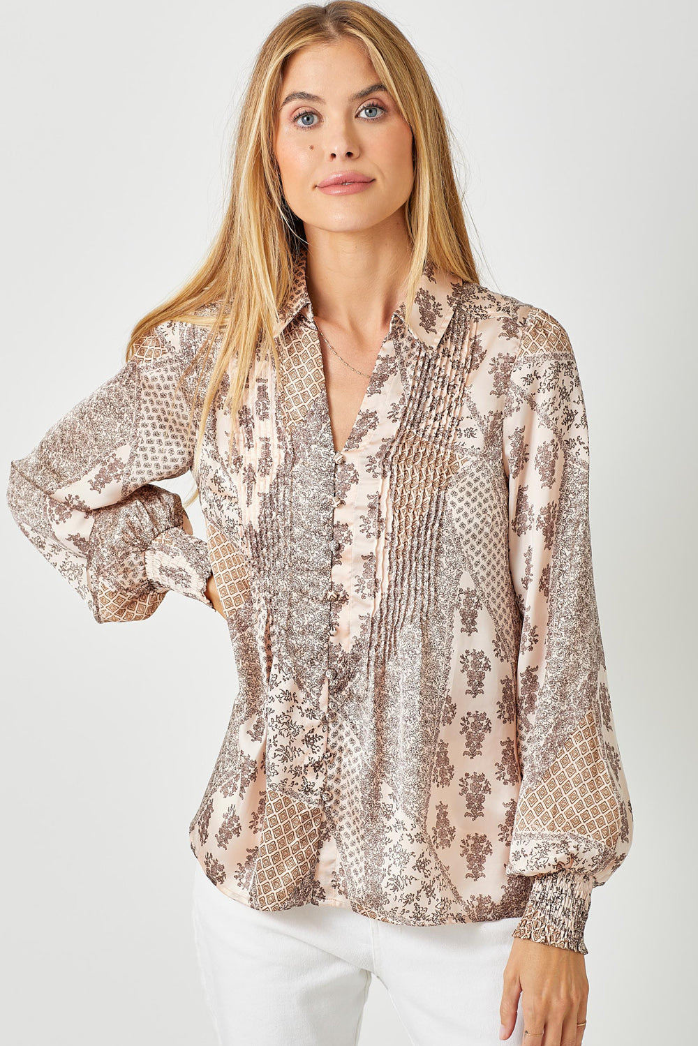 Ladies Mystree Pintuck Print Blouse - Sand Mix