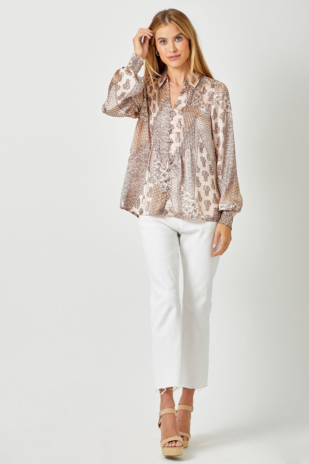 Ladies Mystree Pintuck Print Blouse - Sand Mix