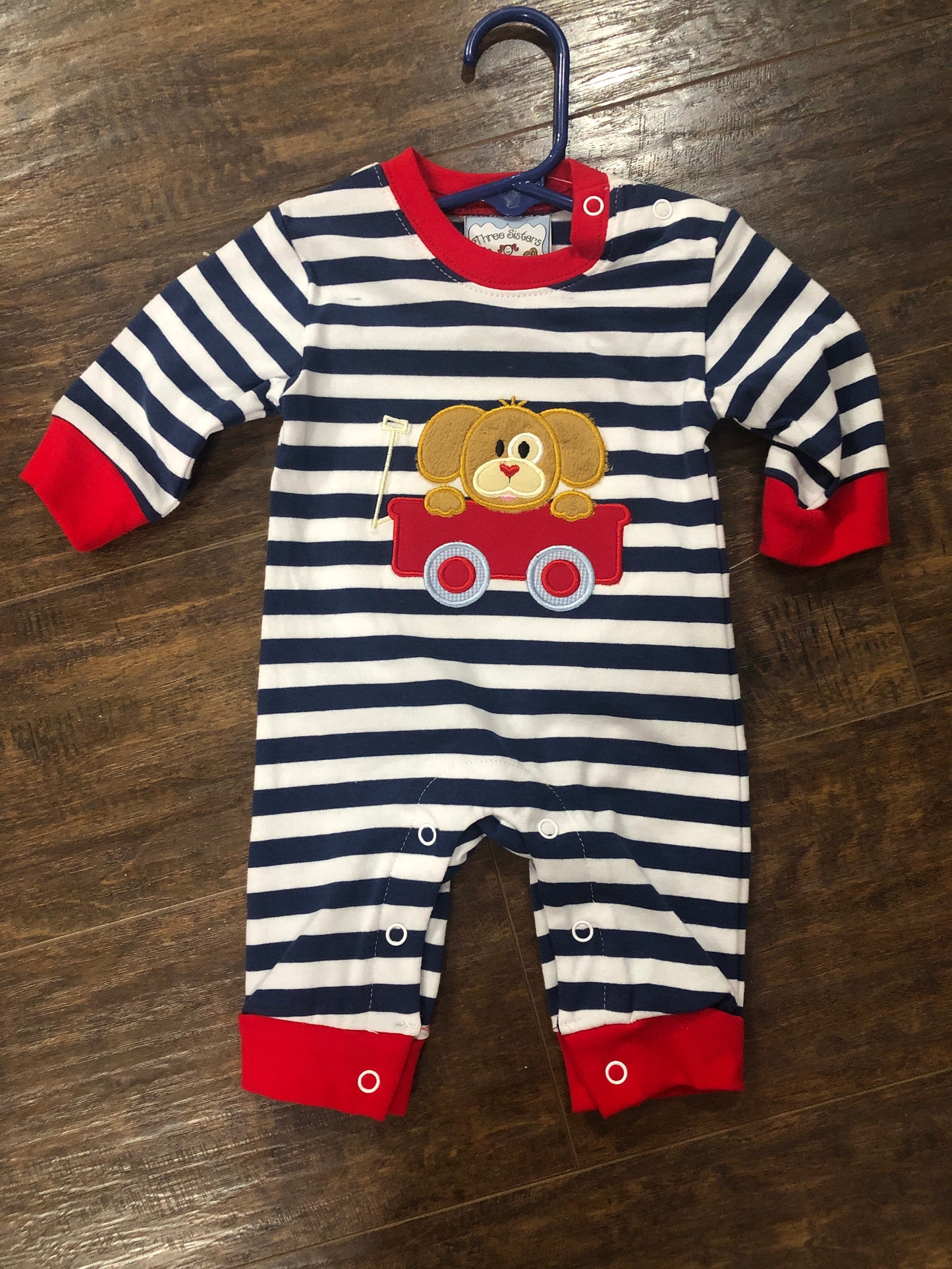 Boys Puppy in Wagon on Blue/White Romper by Three Sisters