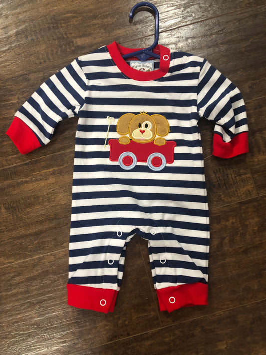 Boys Puppy in Wagon on Blue/White Romper by Three Sisters