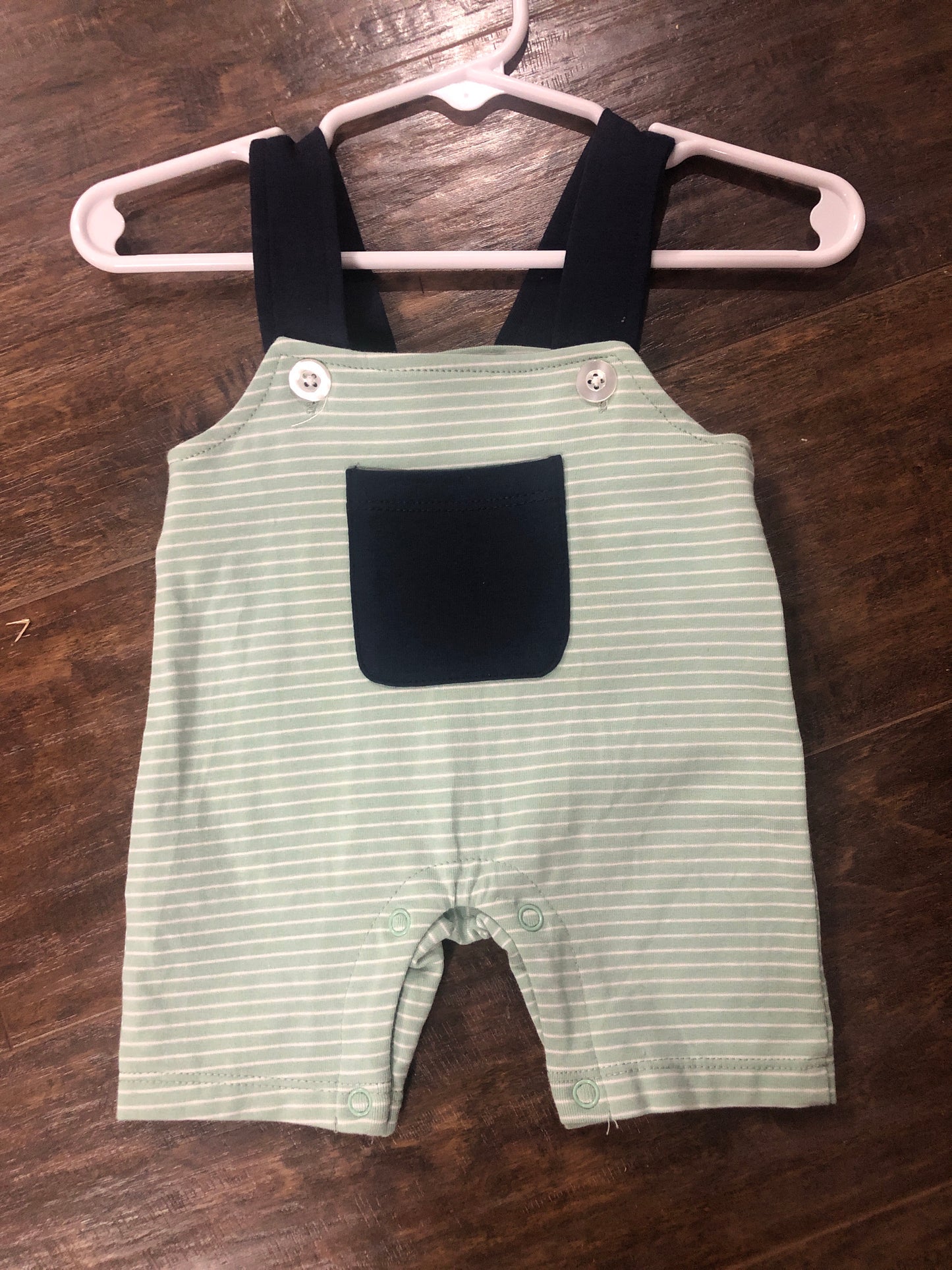 Boys Green Stripe Romper with Navy Straps by Three Sisters