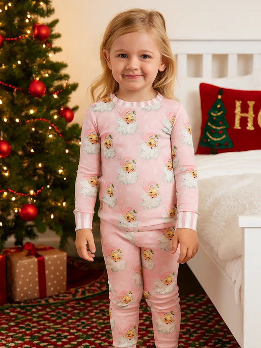 Girls Pink Vintage Santa Milk Silk 2 Piece Lunge Set by Little Bugz Boutique