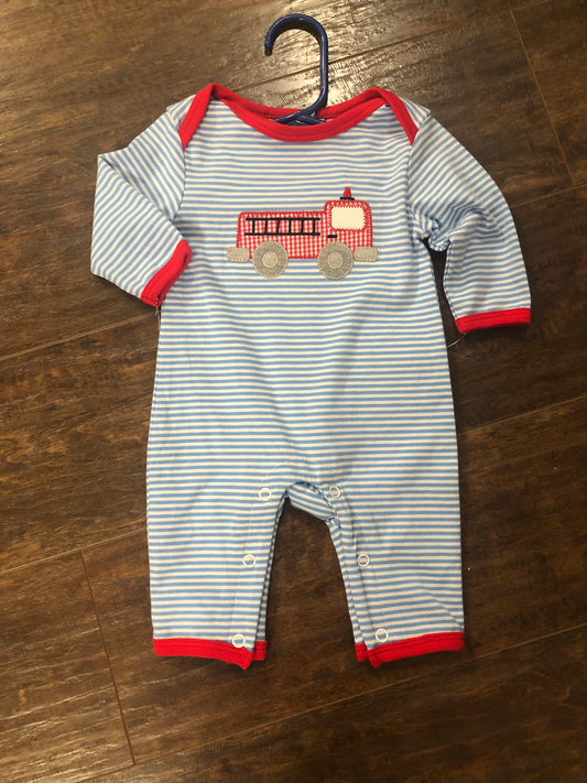 Boys Fire Truck on Blue Stripe Romper by Three Sisters