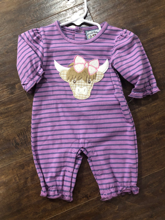 Girls Highland Cow on Purple Stripe Romper by Three Sisters