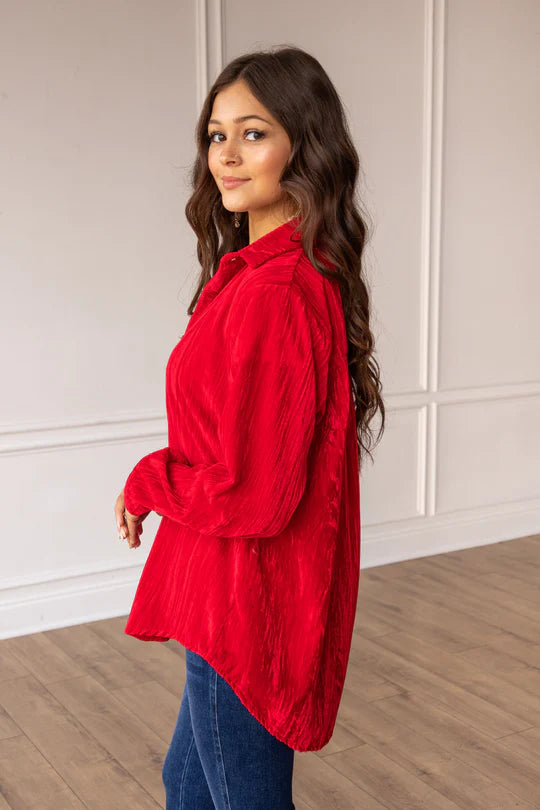 Ladies Grace & Emma Red Button Down Velvet Top