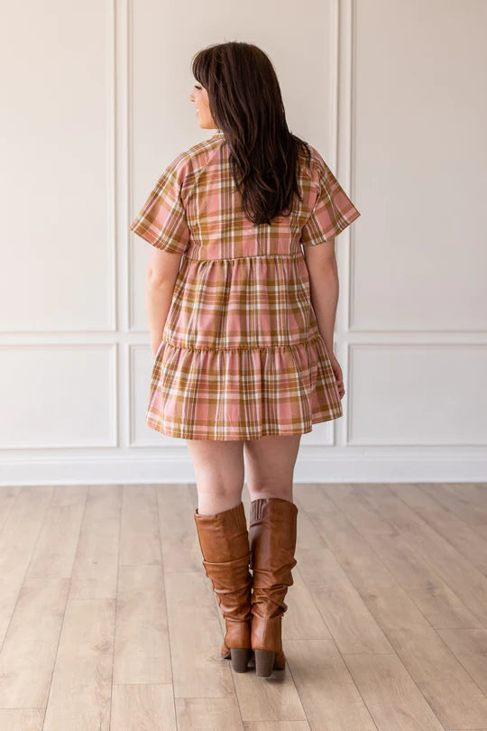 Ladies A Walk Through The Leaves Plaid Flutter Sleeve Dress by Grace & Emma