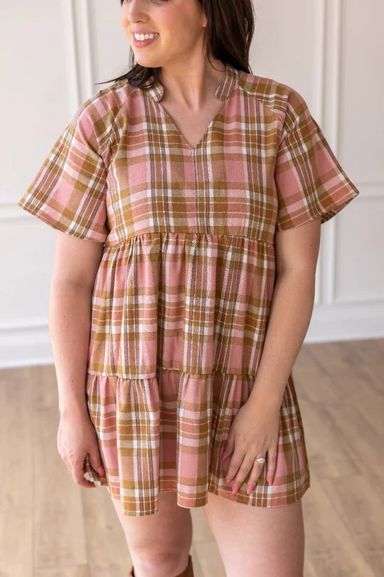 Ladies A Walk Through The Leaves Plaid Flutter Sleeve Dress by Grace & Emma