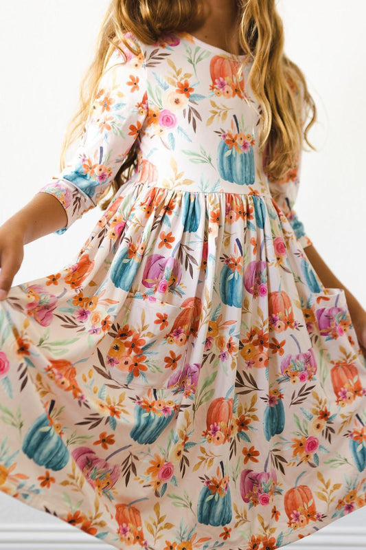 Girls Harvest Blooms 3/4 Sleeve Pocket Twirl Dress  by Mila & Rose