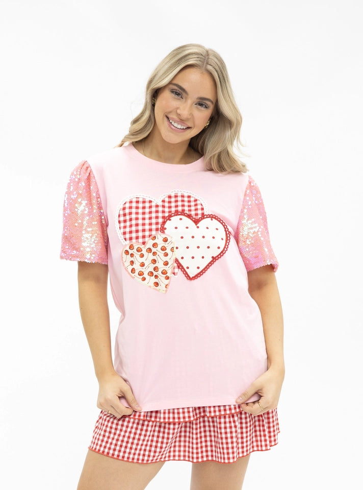 Ladies Heart Patches on Pink Princess Top-Pink