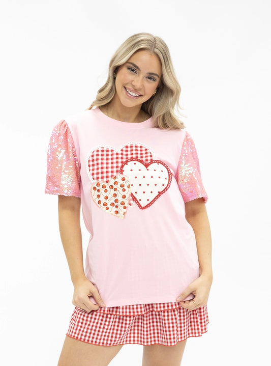 Ladies Heart Patches on Pink Princess Top-Pink