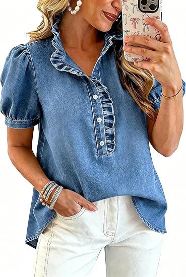 Ladies Short Sleeve Button-Up Ruffle Neck Denim Top-Blue
