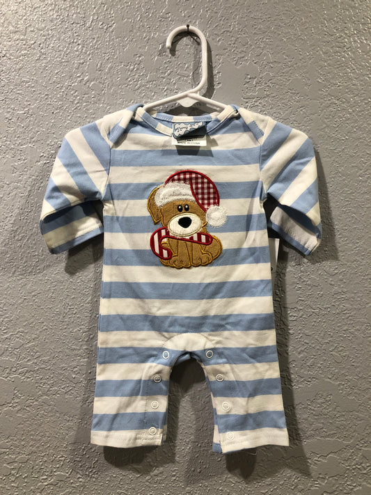 Boys Santa Puppy on Blue Stripe Romper by Three Sisters