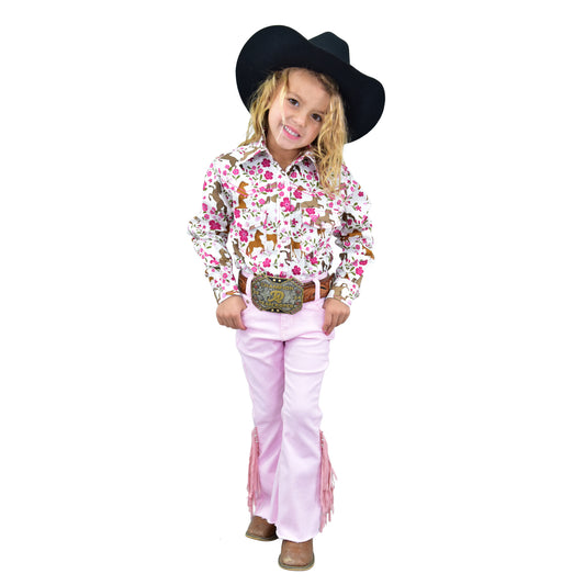 Girls White Horse Flowers L/S Print Shirt by Cowboy Hardware