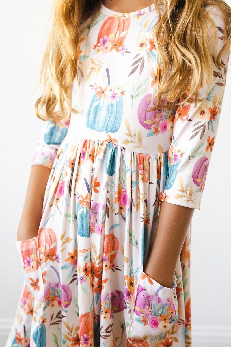 Girls Harvest Blooms 3/4 Sleeve Pocket Twirl Dress  by Mila & Rose
